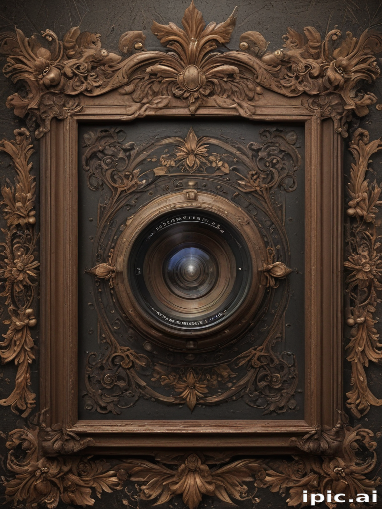 Intricately Designed Ornate Frame Surrounding a Vintage Camera Lens Display