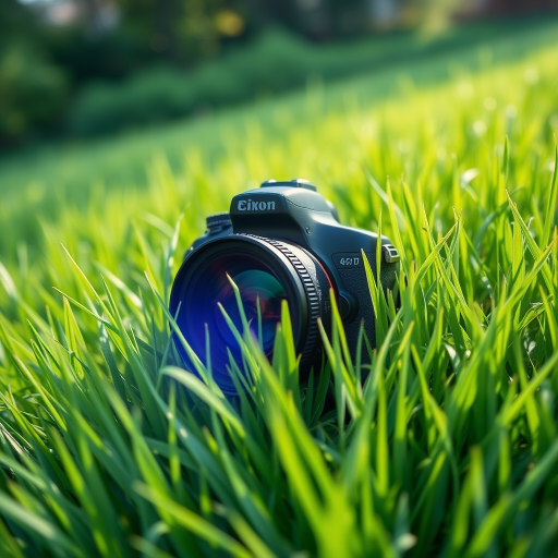 Generate a lush green grass field with vibrant color and texture, shot from a low angle using a DSLR camera setup with f/2.8 aperture, ISO 100, shutter speed 1/250, 24mm lens, natural lighting, and a wide-angle view to enhance image quality.
