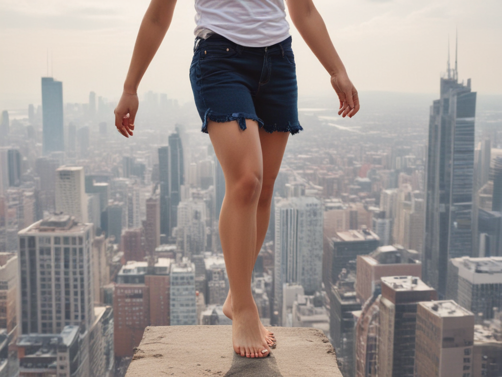 A stunning gigantic woman towering over the city, stepping barefoot on a building