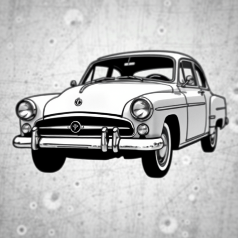 Vintage black and white car illustration, high contrast, soft focus background with a textured overlay, captured with a Canon EOS 5D Mark IV, 50mm lens, f/1.8, ISO 100, shutter speed 1/250s, natural lighting, angled view.