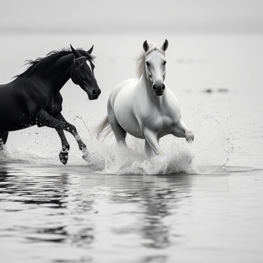 A dynamic scene of two horses, one white and one black, galloping through shallow water, creating splashes and reflections in a monochromatic style, captured with a Canon EOS R5, 35mm f/1.4 lens, ISO 100, shutter speed 1/500s, aperture f/2.8, soft focus background for enhanced depth, high contrast lighting.