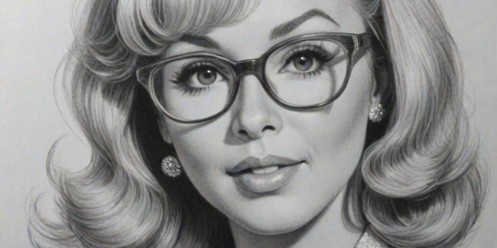 Radiant Barbara Eden, pencil sketch, portrait of Stunning woman 1946s in glasses, hair style beatnik, outline, clear lines, fine lines, 8k