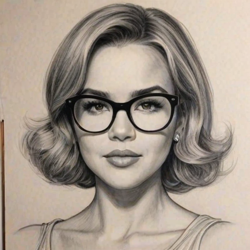 Bewitching Arielle Kebbel, pencil sketch, portrait of Stunning woman 1956s in glasses, hair style beatnik, outline, clear lines, fine lines, 8k