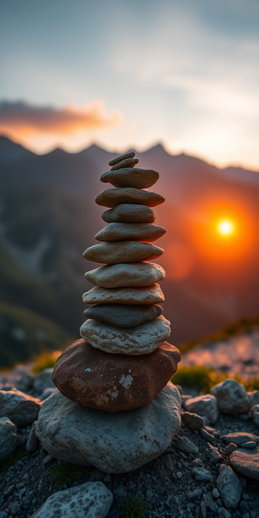 Regenerate the image of a stacked stone cairn in a mountainous landscape during sunset, with a Canon EOS 5D Mark IV, f/8 aperture, ISO 100, 50mm lens, soft focus background, warm color grading, and enhanced depth of field.