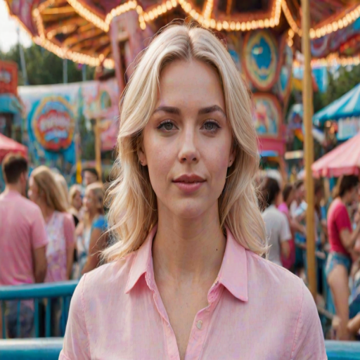 realistic image of a blonde woman, she is in an amusement park, she is wearing a pink shirt