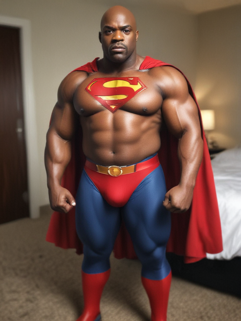 Hotel room, Bald black man, huge muscular overweight strongman black man in superman costume, angry eyes, fullbody, hairy chest, thick legs, hands on waist