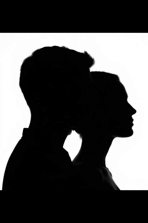 Create a high-contrast silhouette image of two human profiles facing each other against a clean white background, using a shallow depth of field with a 50mm lens at f/1.8, shot from eye level with a DSLR camera to enhance the sharpness and clarity.