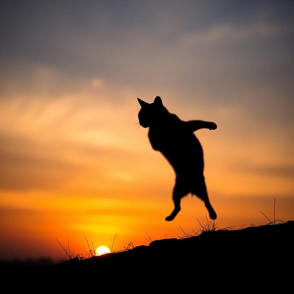 Create an artistic silhouette of a leaping cat against a gradient sunset background, using a DSLR camera with a focal length of 50mm, aperture set to f/1.8, ISO 200, and a low-angle view for dramatic effect, in portrait orientation.