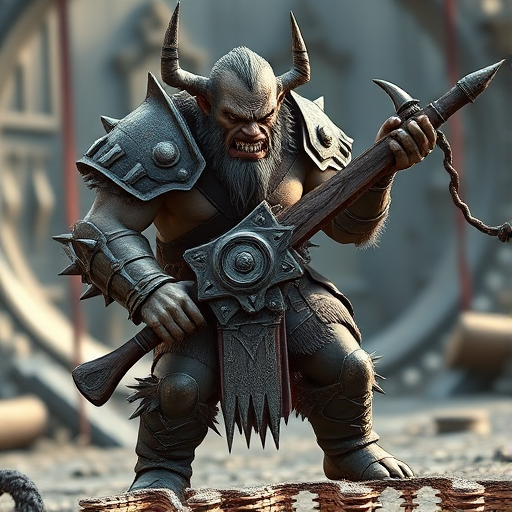 Create a high-resolution fantasy character image of an orc warrior holding a large weapon with spikes, using a 35mm lens, f/2.8 aperture, ISO 100, natural lighting, captured from a low-angle perspective to emphasize the character's stature, in a digital format.
