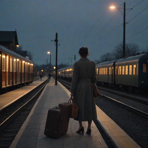 Quiet train platform at dusk, with a vintage train arriving in the distance, a woman in a long coat waits by the tracks, her suitcase by her side as she watches the train approach.