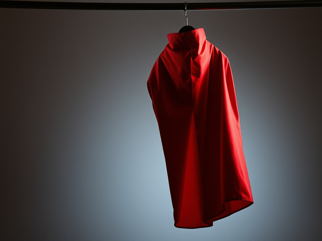 Create a high-resolution image of a red cape hanging with dramatic lighting, using a DSLR camera, aperture f/2.8, shutter speed 1/60 sec, ISO 100, in a studio setting with a soft focus background.
