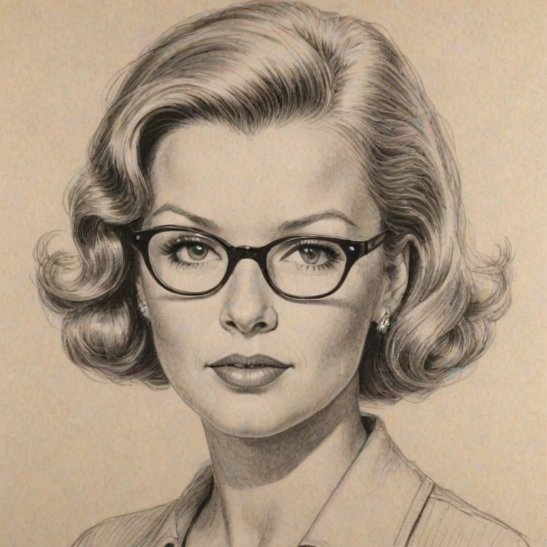 Fascinating Barbara Niven, pencil sketch, portrait of Enchanting woman 1953s in glasses, hair style beatnik, outline, clear lines, fine lines, 8k