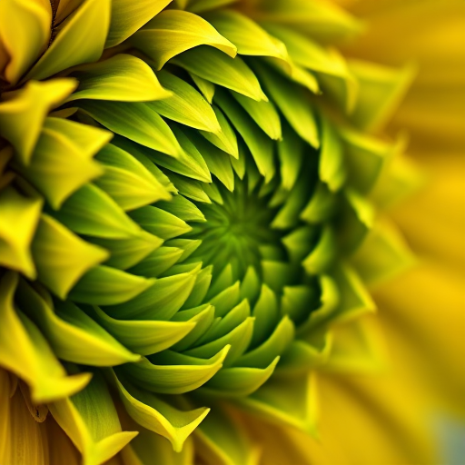 close-up shot of a sunflower bud with intricate green layers and patterns, shallow depth of field, f/2.8 aperture, 50mm lens, ISO 100, natural lighting, taken with a DSLR camera