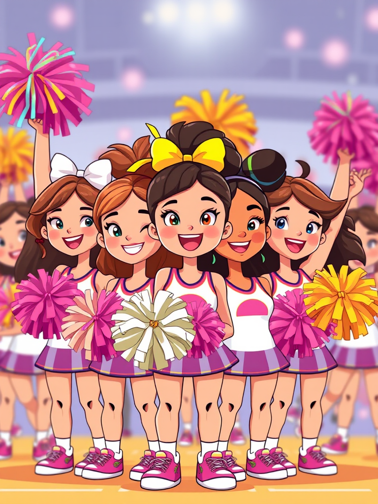 Create a vibrant illustration of cartoon cheerleaders of diverse ethnicities with colorful pom-poms, using a wide-angle lens, f/8 aperture, ISO 200, soft lighting, and a 50mm DSLR camera style to enhance image quality.