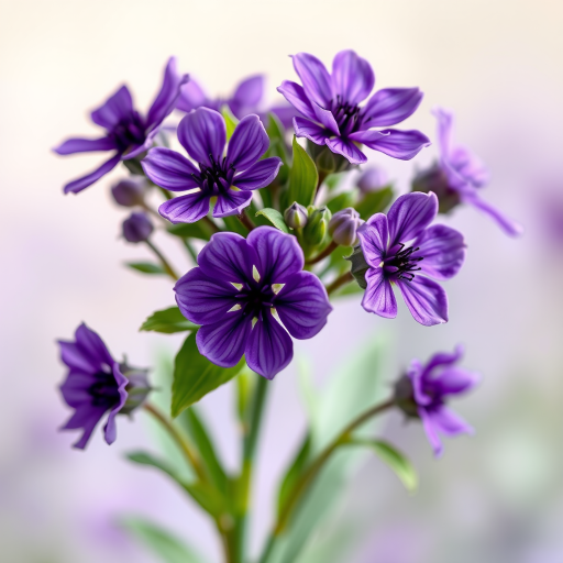 Create a high-resolution digital illustration of a cluster of purple flowers with green leaves on a soft lavender background, using a Canon EOS R5 with a 50mm lens, aperture set to f/2.8, ISO 100, and a shallow depth of field for enhanced details and vibrant colors.