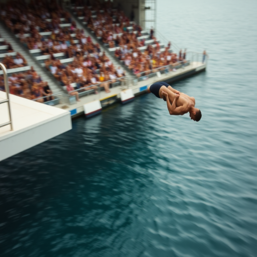 Blurry action shot of a diver leaping off a high platform, the water below rippling, distant spectators watching from the stands, and the intense focus on the grace and speed of the motion.