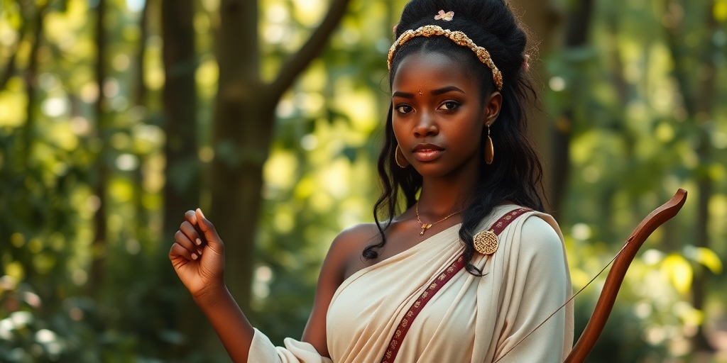 Create a portrait of a goddess-like Kikuyu girl figure in a tranquil, forested environment. She has an elegant appearance with long, wavy hair styled in an updo and adorned with a delicate, floral headband. She wears a flowing, ancient Greek-inspired gown in a soft, pale color, featuring a one-shoulder design and draped fabric that accentuates her graceful form. The outfit includes a decorative belt with ornate gold detailing, and she holds a bow in her hand, with a quiver of arrows slung over her shoulder. The background depicts lush greenery, with sunlight filtering through the trees, casting a gentle, ethereal light on the scene. Her expression is calm and contemplative, embodying a sense of wisdom and serenity.