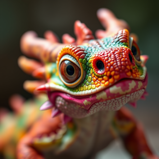 A vibrant, detailed dragon creature with colorful scales and large expressive eyes, low angle view, soft focus background, vivid lighting emphasizing textures, taken with a DSLR camera, f/2.8 aperture, 50mm lens, ISO 100, 1/200 sec shutter speed.
