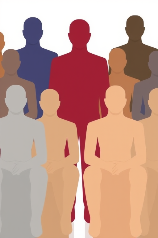 Create a vector graphic of a group of stylized human figures, with one central figure in a bold color and the others in muted shades, use a flat design style, with a resolution of 300 DPI, shot from a frontal view, using a digital illustration software.