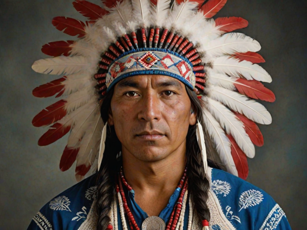 Create a dignified portrait of a Native American man dressed in traditional attire. He wears a beautifully crafted headdress adorned with white feathers and red beads, along with a beaded headband featuring intricate patterns. His clothing includes a deep blue, patterned shirt and a traditional chest piece with detailed beadwork. His arms are crossed, displaying leather armbands decorated with feathers. The background is simple and neutral, emphasizing his proud and stoic expression. The overall image captures the rich cultural heritage and strength of his persona.