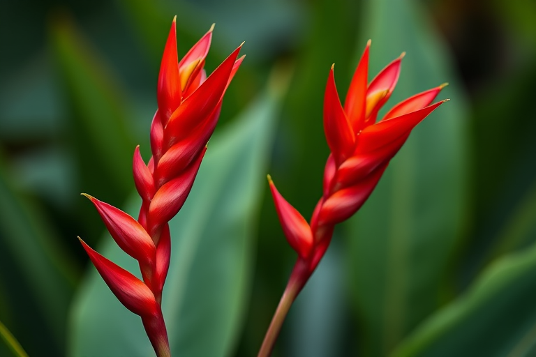 close-up of vibrant red heliconia flowers against a blurred green background, shot with a Canon EOS 5D Mark IV, 85mm lens, aperture f/2.8, ISO 100, natural light, shallow depth of field