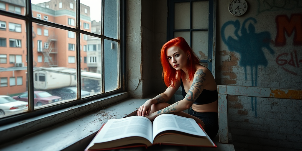 Generate an image of a woman with red hair and tattoos sitting by a large window in a dilapidated urban setting, a large open book in front of her, use a 50mm lens, f/1.8 aperture, ISO 200, in natural light, shot from a medium distance to capture details and atmosphere.