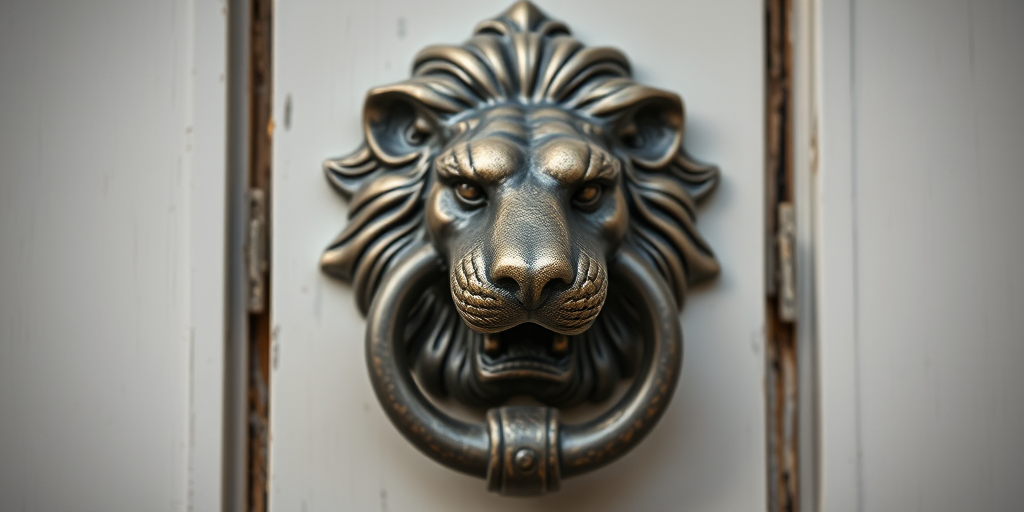 A close-up shot of an ornate lion head door knocker, captured with a DSLR camera at f/2.8 aperture, ISO 100, shutter speed 1/200s, using a macro lens, with natural lighting to enhance texture and detail.