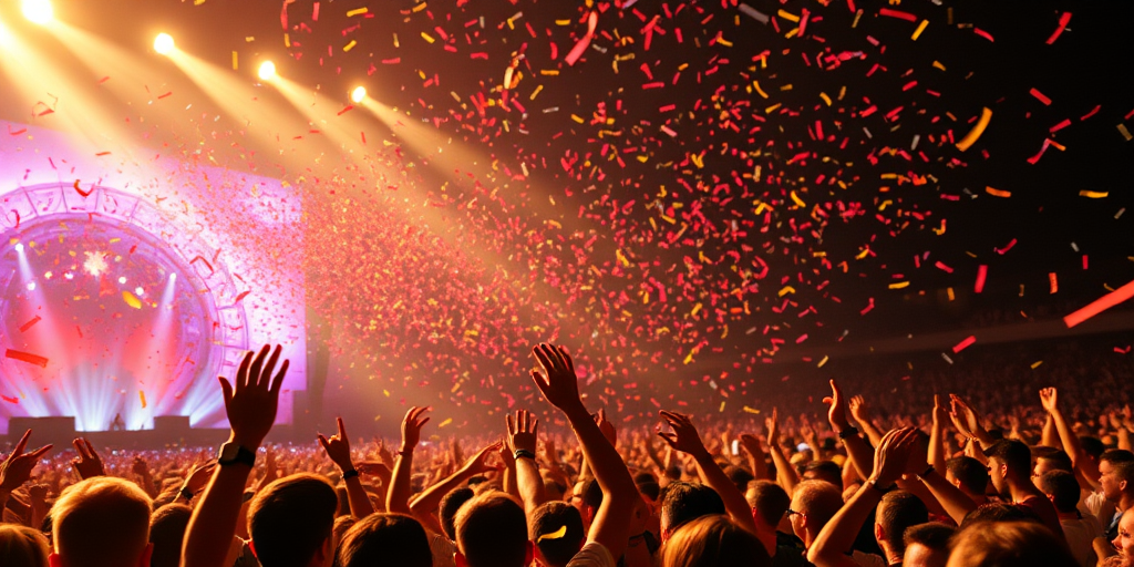 concert scene with a crowd cheering and colorful confetti falling, captured with a Canon EOS R5, 35mm lens, f/2.8 aperture, ISO 800, shutter speed 1/250s, golden hour lighting, dynamic angle view for a vibrant atmosphere