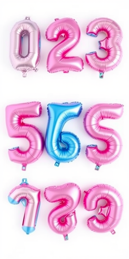 Create an image of shiny pink and blue foil number balloons arranged in two rows, numbers 0 to 9, with a bright white background, captured with a DSLR camera at f/2.8 aperture, ISO 100, 50mm lens, natural light, and a sharp focus on the balloons to enhance image quality.