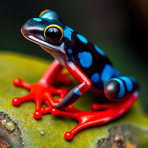 Create a vibrant illustration of a poison dart frog with bright blue patterns on its back and vivid red limbs, photographed using a DSLR camera at ISO 200, aperture f/5.6, shutter speed 1/250s, in macro mode, with a shallow depth of field to emphasize the frog against a soft blurred background.