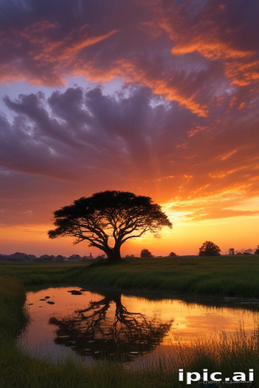 Serene Sunset Over a Tranquil River with a Majestic Tree Reflection