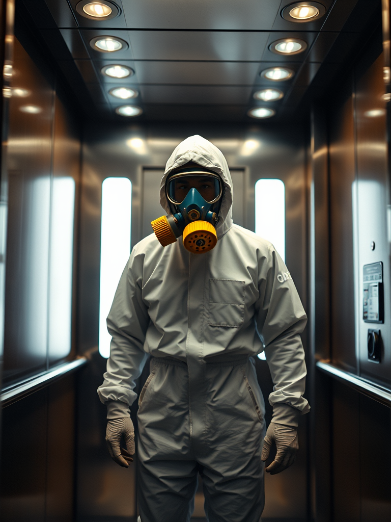 a person wearing a white hazmat suit and yellow gas mask standing in a brightly lit elevator, taken with a Canon EOS R5, 50mm lens, f/1.8 aperture, ISO 100, soft diffuse light, focus on the subject with a shallow depth of field, cinematic tone