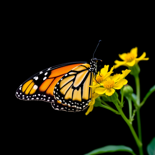Capture a macro shot of a monarch butterfly resting on bright yellow flowers, set against a black background, using a DSLR camera with a 100mm macro lens, aperture f/2.8, ISO 200, shutter speed 1/250 sec, natural lighting for enhanced detail and color contrast.
