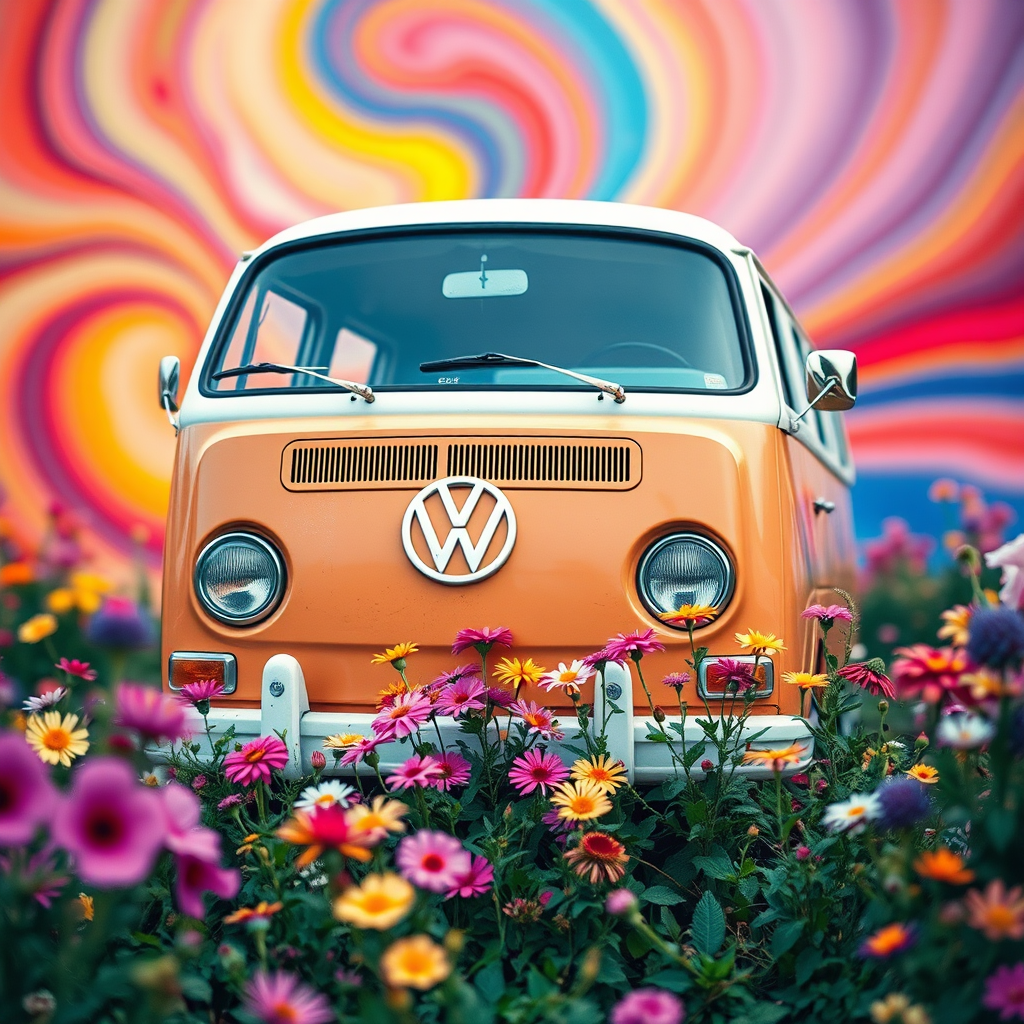 vintage Volkswagen van surrounded by vibrant flowers in a colorful swirled background, taken with a Canon EOS R5, 35mm lens, aperture f/1.8, shutter speed 1/200s, ISO 100, soft focus style, landscape orientation