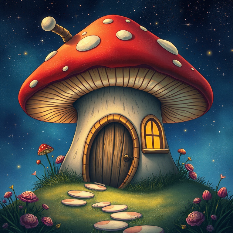 this image is illustration of a mushroom house with a door and a window, a storybook , fantasy art, mushroom house, bg starry sky, sparkles