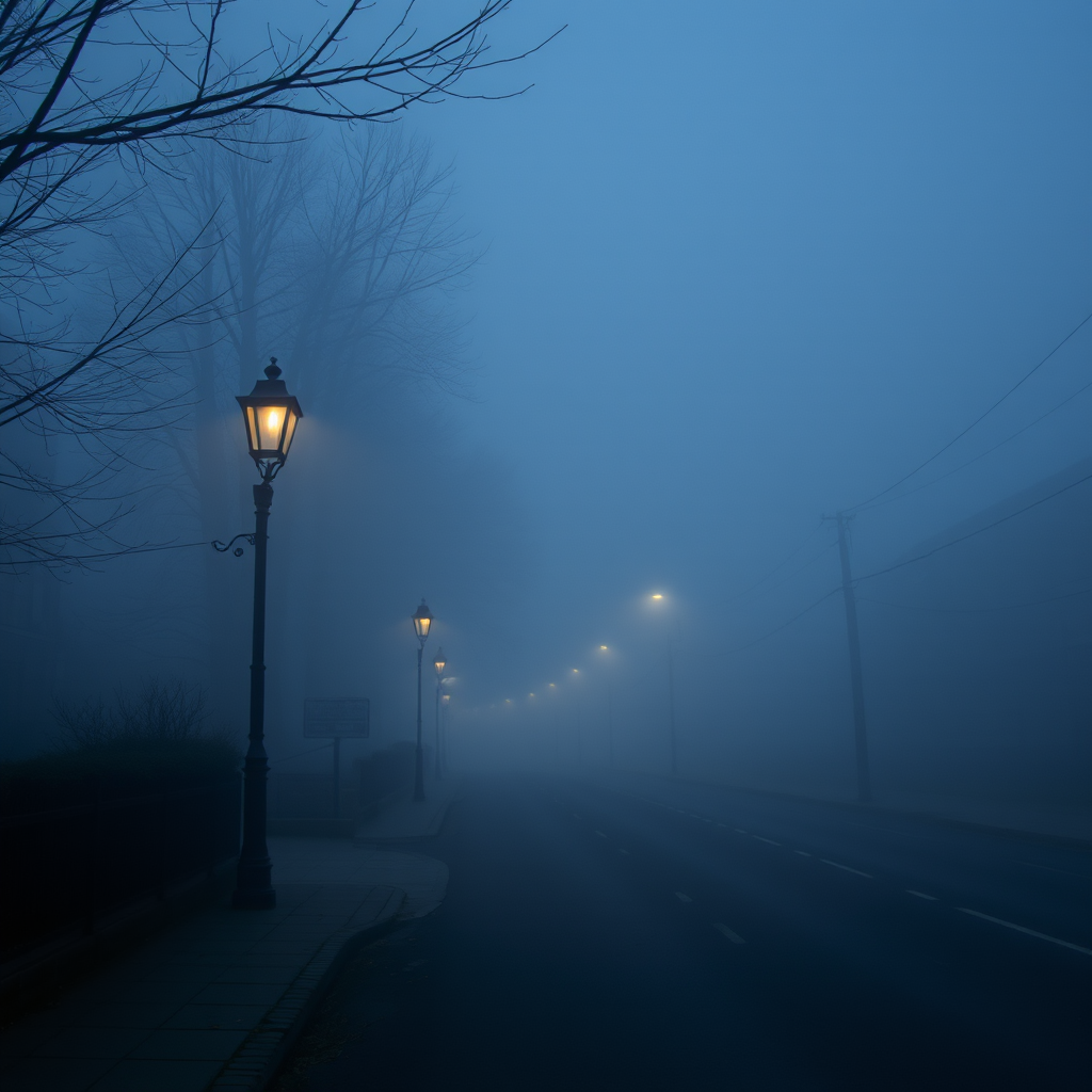 Quiet, foggy street in a sleepy town, lampposts casting a dim glow, and the distant sound of footsteps approaching from the mist.