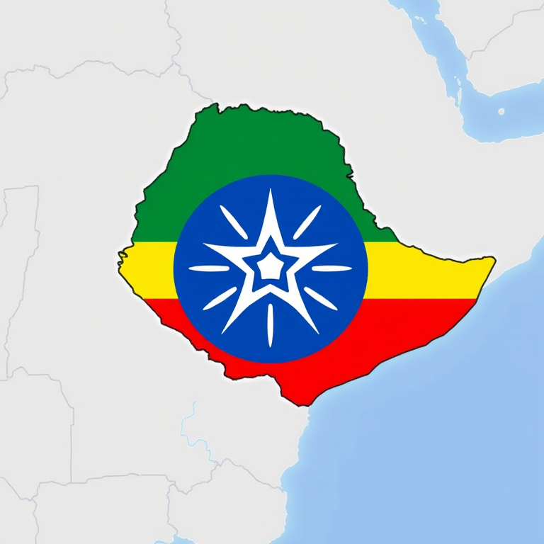 Create a high-resolution image of the map of Ethiopia with a circular blue emblem featuring a white star and rays, display the green, yellow, and red colors of the Ethiopian flag integrated into the map outline, use a DSLR camera type with a focal length of 50mm, aperture set to f/8, ISO 100, and a landscape orientation for enhanced clarity and detail.
