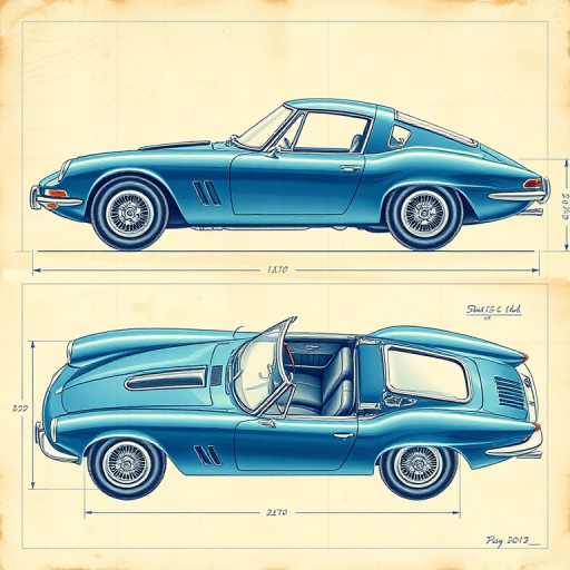 A vintage car blueprint illustration featuring a detailed technical drawing of a classic blue sports car, side view and top view, with precise measurements and annotations, shot with a DSLR camera at f/8, ISO 100, 50mm lens, natural lighting, high-resolution.