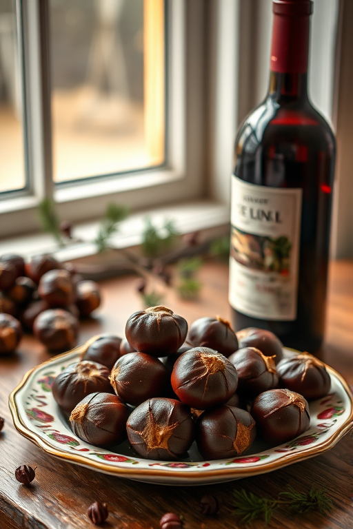 Capture a still life composition of roasted chestnuts in a decorative plate alongside a bottle of red wine, with soft natural light coming through a window, using a Canon EOS 5D Mark IV, 50mm f/1.8 lens, aperture f/2.8, ISO 100, and a shallow depth of field to create a warm, inviting atmosphere.