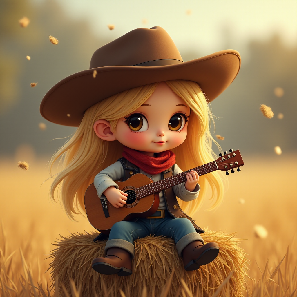 A chibi angelina jolie, dressed as a cowboy, playing guitar, sitting on a hay bale