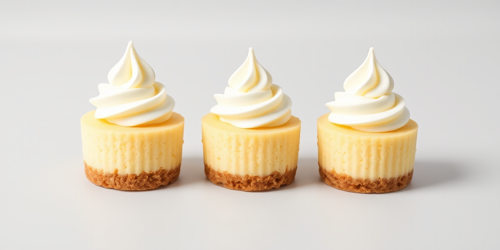 Create an image of three mini cheesecakes with a smooth yellow filling and a swirl of whipped cream on top each placed on a light gray background. The cheesecakes should have a crumbly graham cracker crust at the bottom, and the whipped cream should be elegantly piped in a tall swirl. The overall appearance should be fresh, inviting, and appetizing.