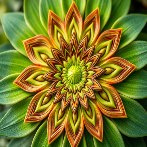 Create a vibrant mandala flower design with intricate patterns in shades of green and earthy tones, using a DSLR camera with a 100mm macro lens, f/2.8 aperture, ISO 200, and soft natural lighting to capture fine details and enhance color contrast.