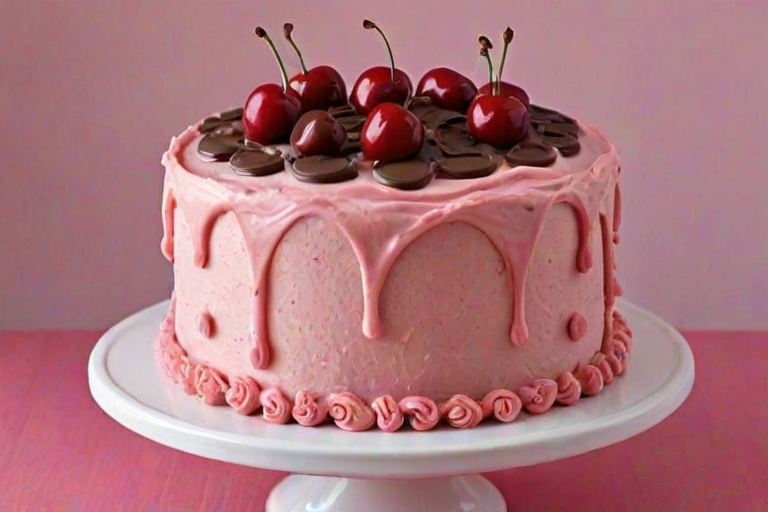Create an image of a round cake with a smooth pink frosting. The top of the cake is decorated with swirls of pink frosting and topped with red cherries. The sides of the cake are coated with mini chocolate chips, adding a contrast to the pink frosting. The background is simple and elegant to highlight the cake's design.