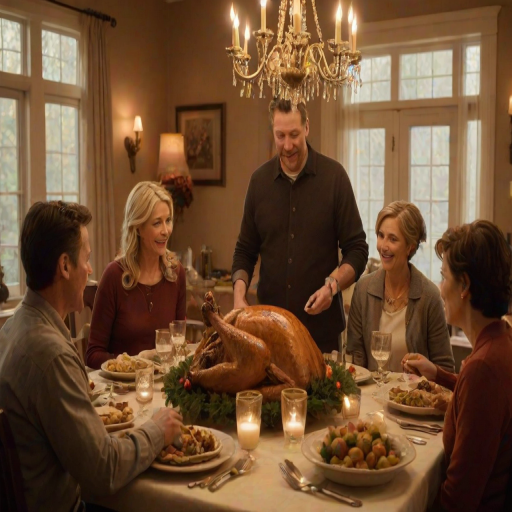 Warm, softly lit image of a family gathered around a table for Thanksgiving dinner, a golden turkey in the center, with soft light from a chandelier casting a cozy glow over the room.