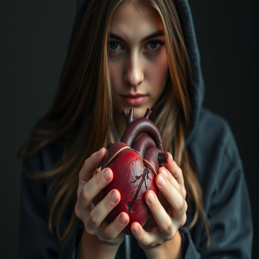 A young woman with long, flowing hair wearing a dark hoodie holds a realistic human heart in her hands, soft diffused lighting, shallow depth of field, ISO 200, f/2.8, 50mm lens, portrait mode, Canon EOS R5.