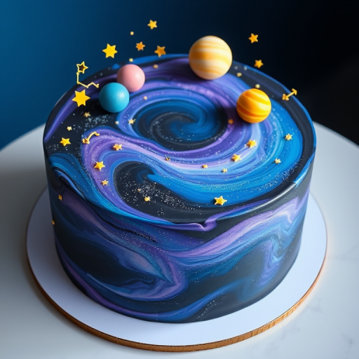 Space Galaxy Cake

A cake designed to look like a galaxy, with swirling colors of deep blue, purple, and black. Stars, constellations, and tiny edible planets orbit around the cake, and it glows with a soft, ethereal light as if it’s floating in space.