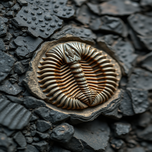 Create a highly detailed 3D rendering of a trilobite fossil embedded in jagged black rock, using a DSLR camera with an aperture of f/8, ISO 100, and a focal length of 50mm, shot from a slightly elevated angle to capture depth and texture, in high dynamic range for enhanced contrast and clarity.