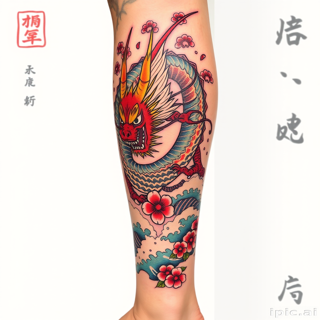 Bold traditional Japanese tattoo spanning the entire leg, showcasing a fierce dragon intertwined with cherry blossoms and crashing waves, utilizing rich colors and bold outlines in the classic Irezumi style