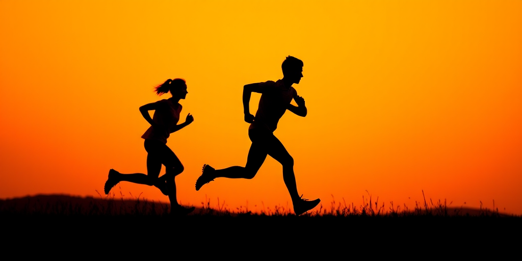 Create a high-quality silhouette illustration of a running figure, captured with a DSLR camera, f/2.8 aperture, ISO 200, 50mm lens, from a low-angle perspective to emphasize movement and energy.