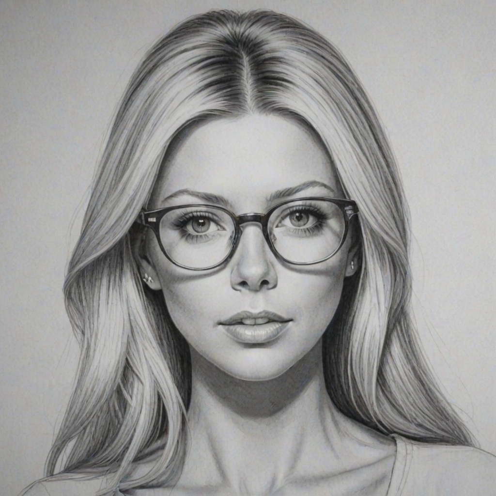 Graceful Tara Reid, pencil sketch, portrait of Beauteous woman 1964s in glasses, hair style beatnik, outline, clear lines, fine lines, 8k
